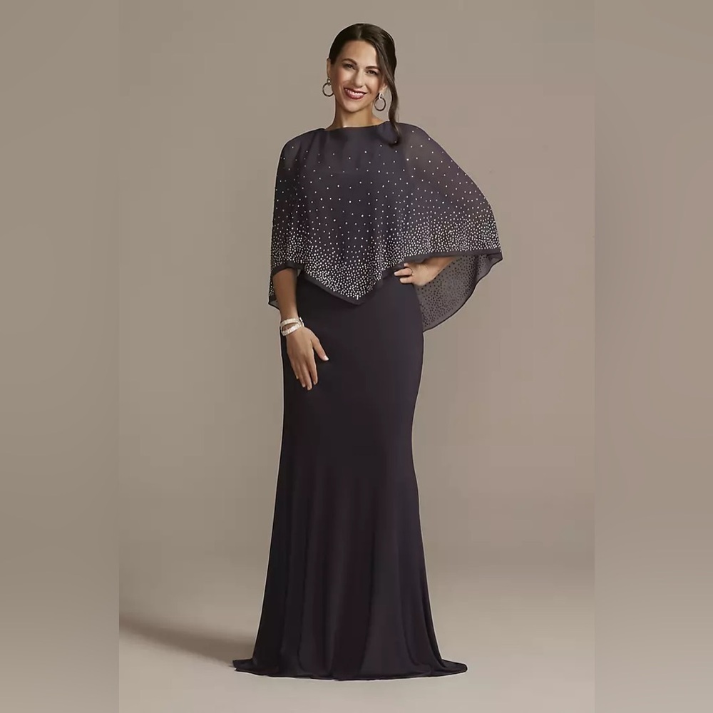 OLEG CASSINI Jersey Cape Gown Sparkle Embellishment 20 20W Wedding Party Blue